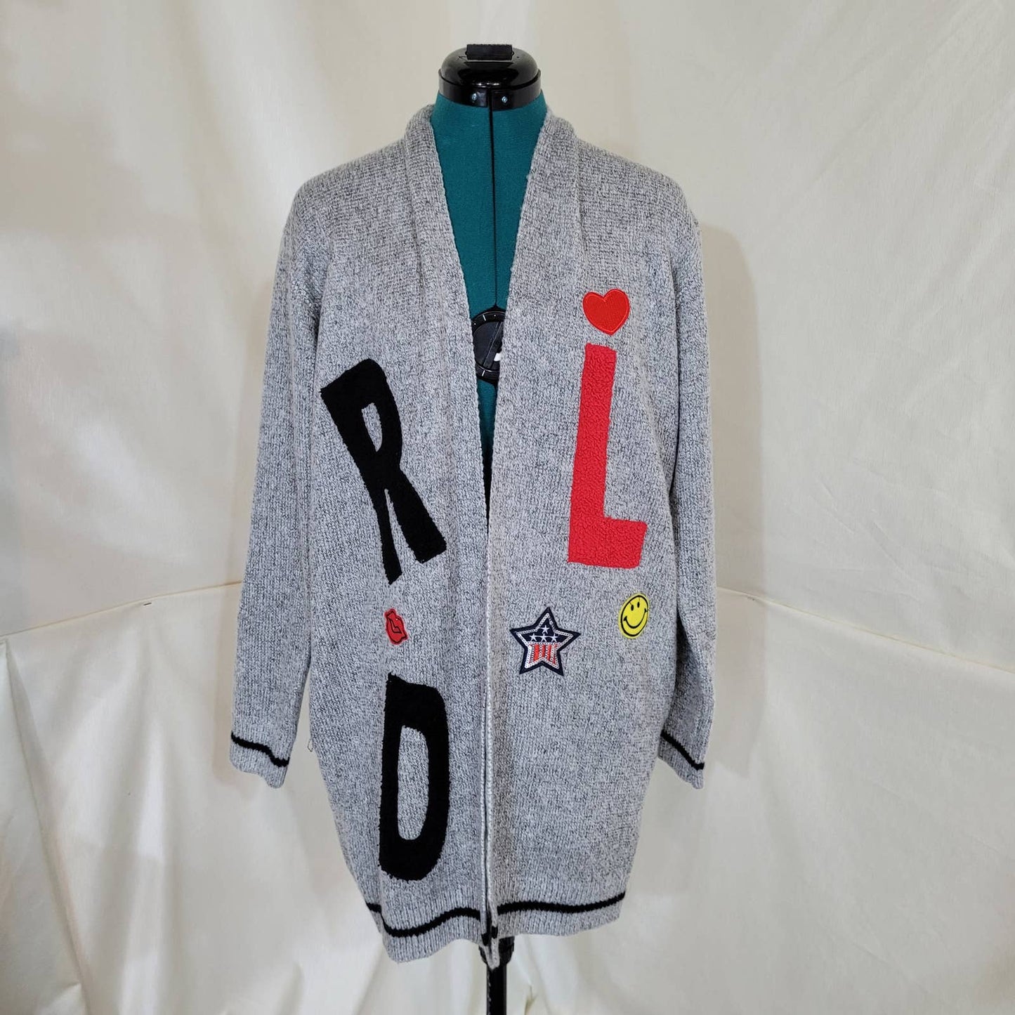 Dreamers Gray Knit Varsity Style Cardigan with Patches - Size Medium / Large