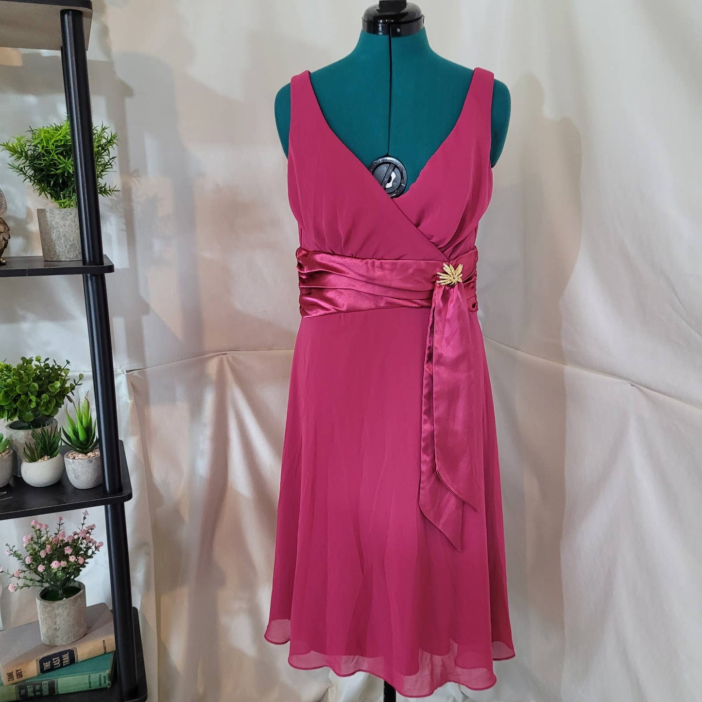 Oblique Pink Chiffon Dress with Satin Waist Tie and Gold Tone Brooch - Size 12