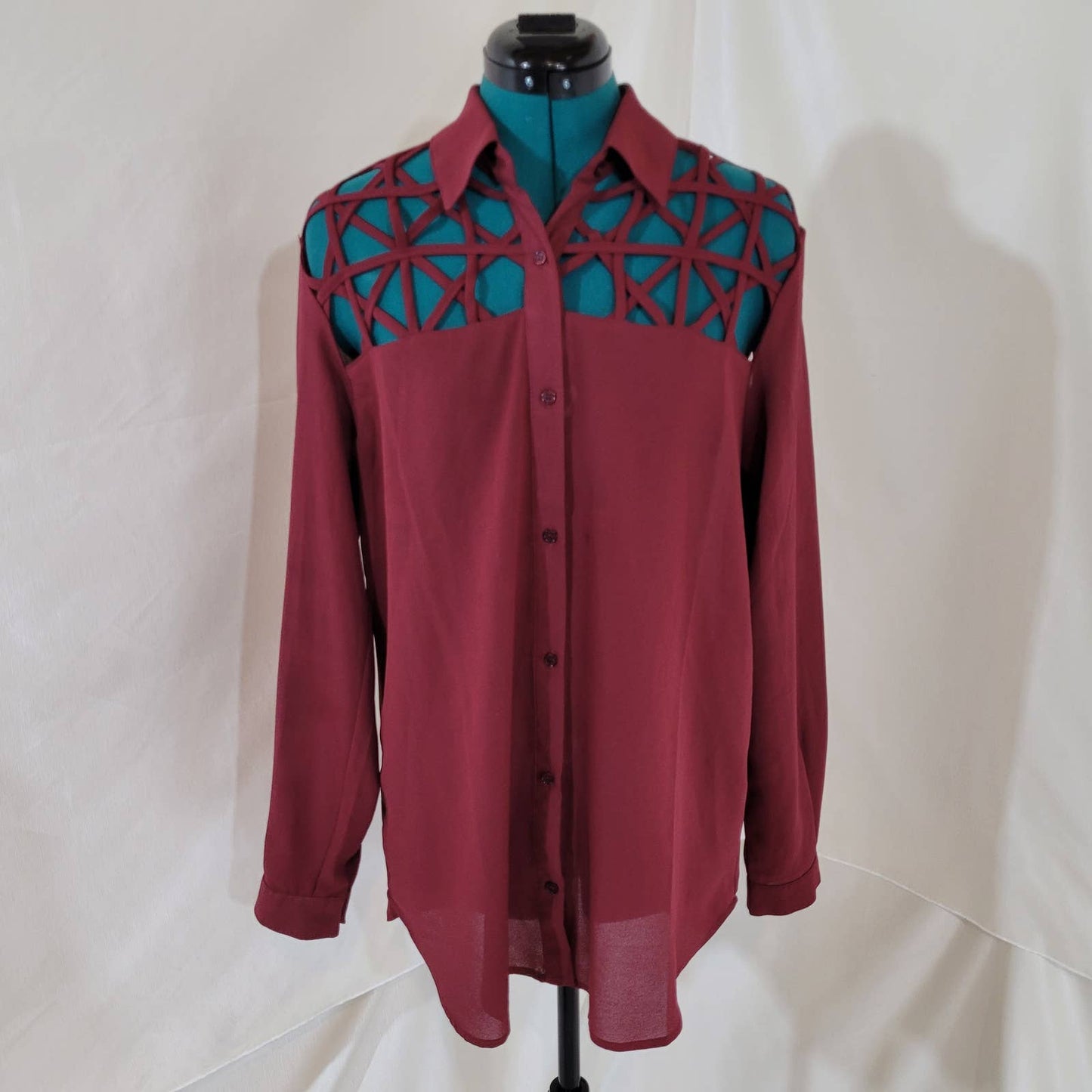 MINKPINK Burgundy Button Up Blouse with Cut Out Shoulders - Size Extra Small
