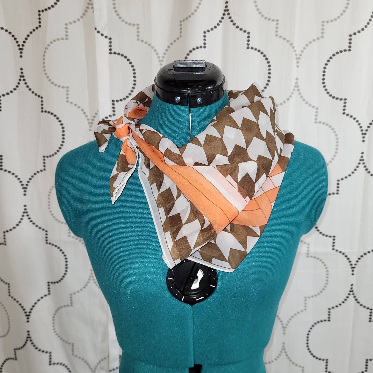 Square Scarf with Chevron / Houndstooth Pattern in Brown, Orange, and White