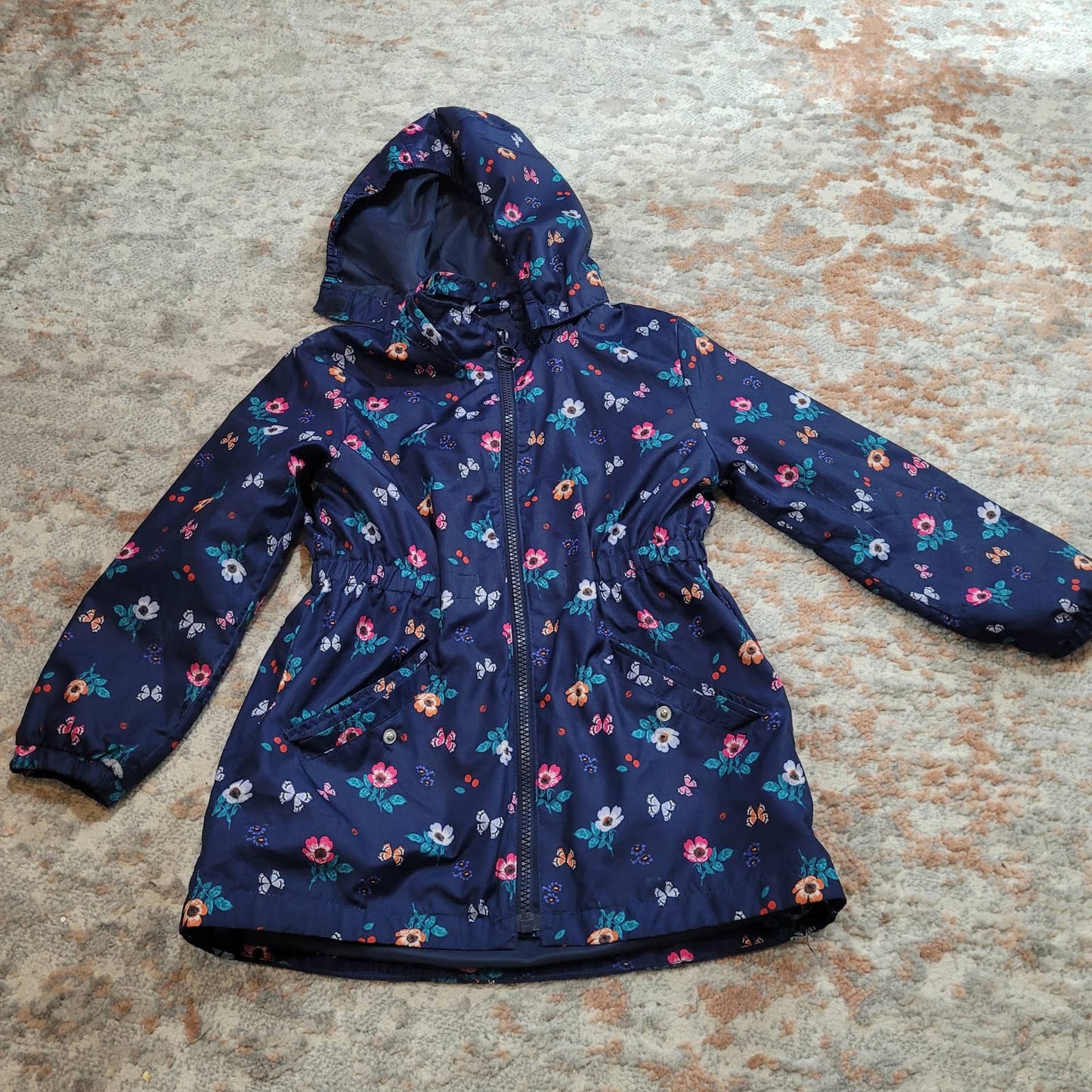 H&M Navy Blue WIndbreaker with Flowers and Butterflys - Size 5-6Y