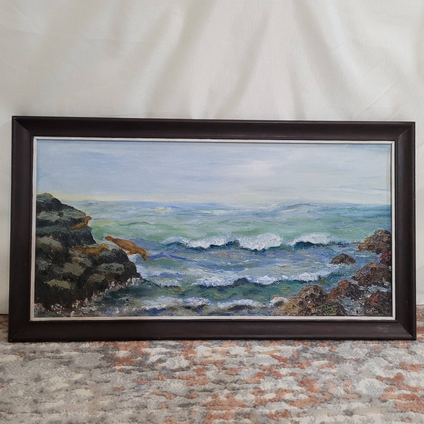 1978 Original Oceanside Painting with Seals - Signed by a name I cannot readMarkita's ClosetUnbranded