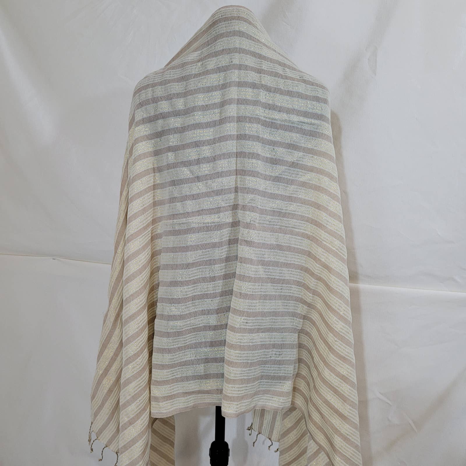 Beige Striped Shawl Scarf with Gold AccentsMarkita's ClosetUnbranded