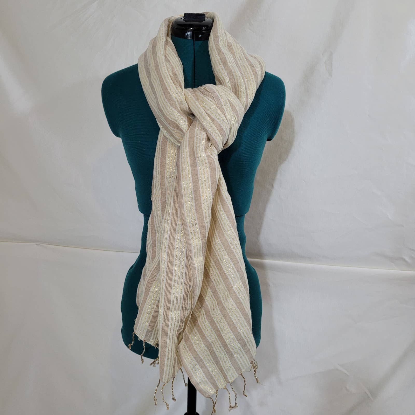 Beige Striped Shawl Scarf with Gold AccentsMarkita's ClosetUnbranded