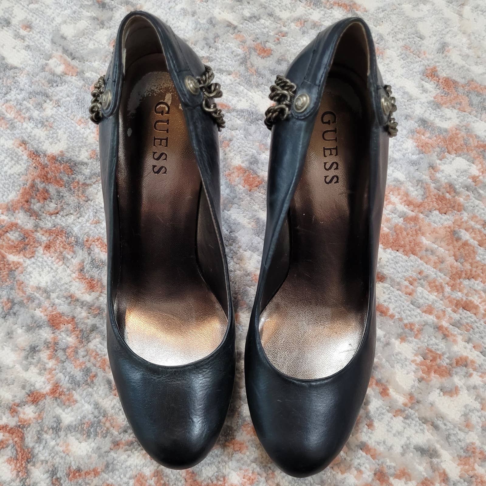 Guess Seeri Black Leather Platform Heels with 3 Chain Accent - Size 7.5Markita's ClosetGUESS