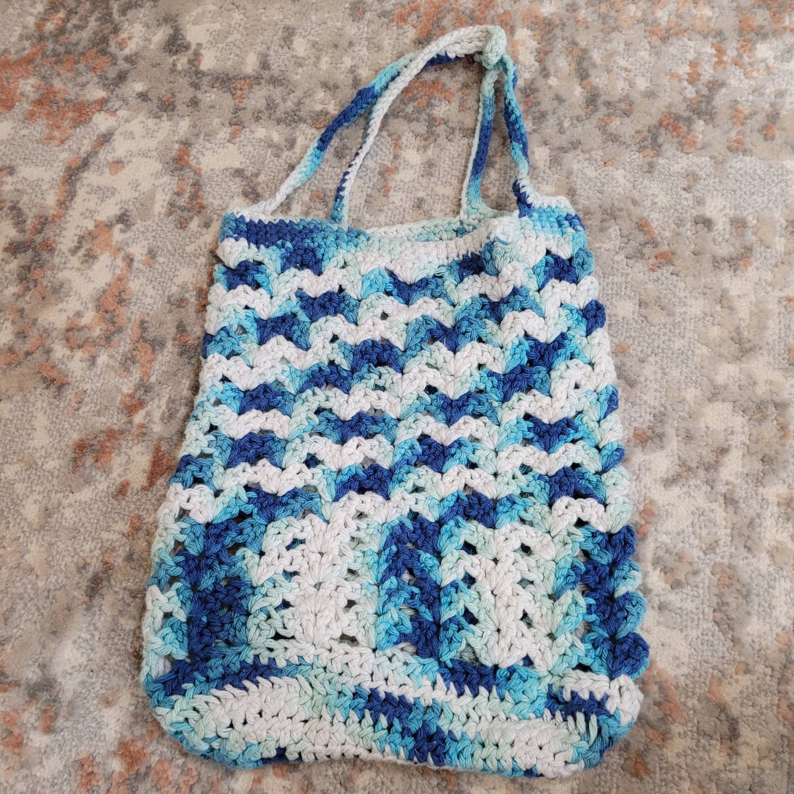 Hand Knit Crocheted Satchel Bag, Blue and WhiteMarkita's ClosetUnbranded