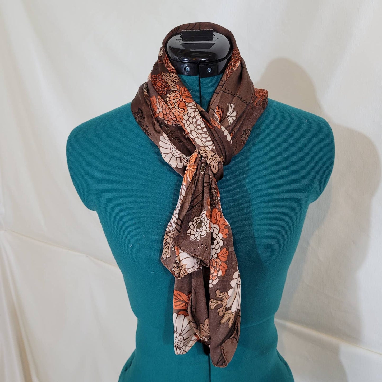 Long Brown Scarf with Orange and White Floral PatternMarkita's ClosetUnbranded