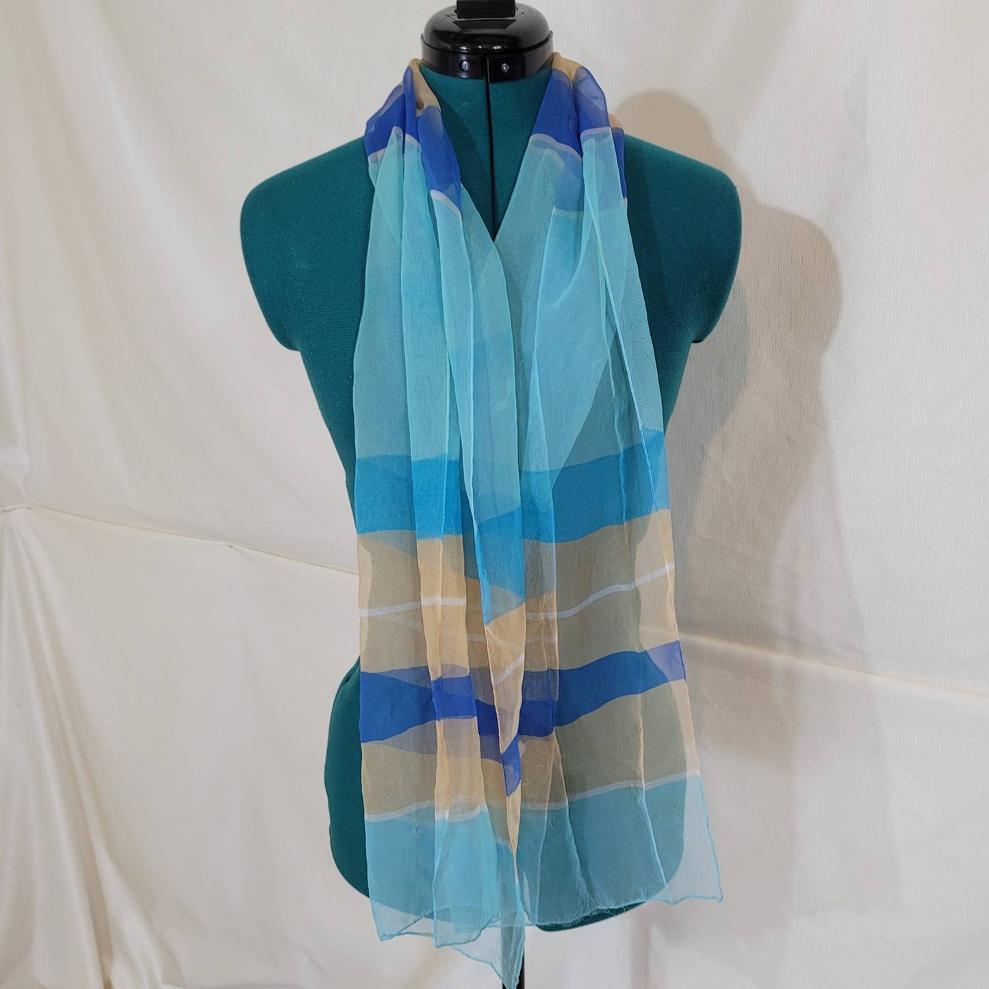 Long Rectangle Blue Chiffon Scarf with Beige StripesMarkita's ClosetUnbranded