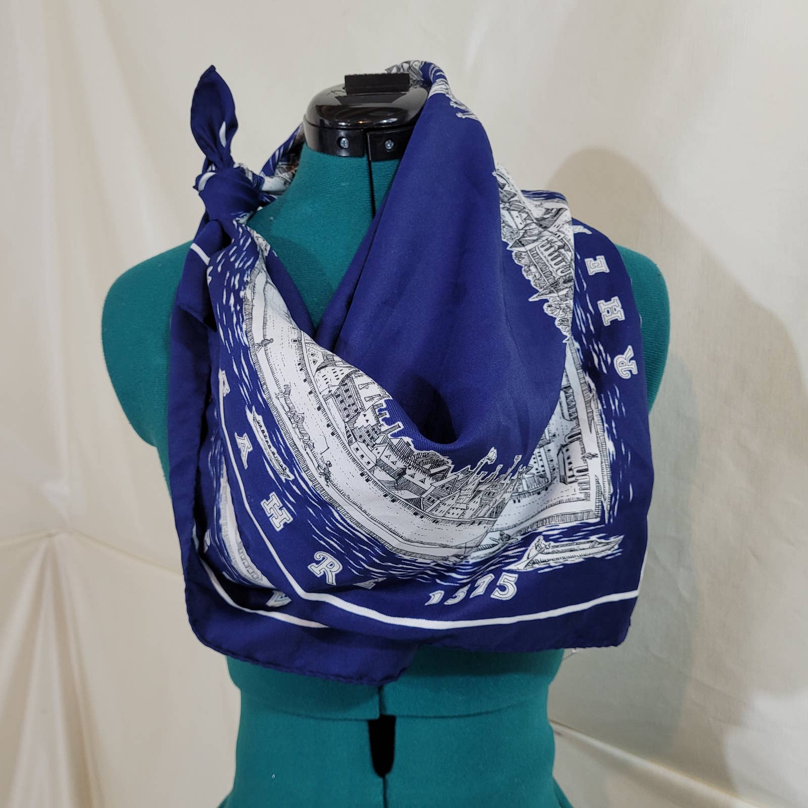 Rhenus Fluvius Navy and White Polyester Twill Square Scarf with Hand Rolled HemMarkita's ClosetUnbranded