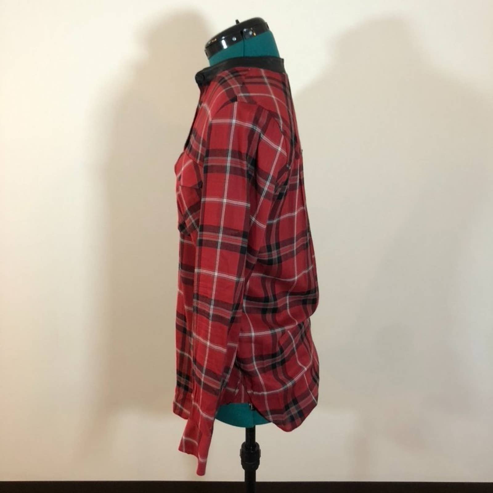 Vince Red Plaid Blouse with Leather Trim - Size 6Markita's ClosetVince