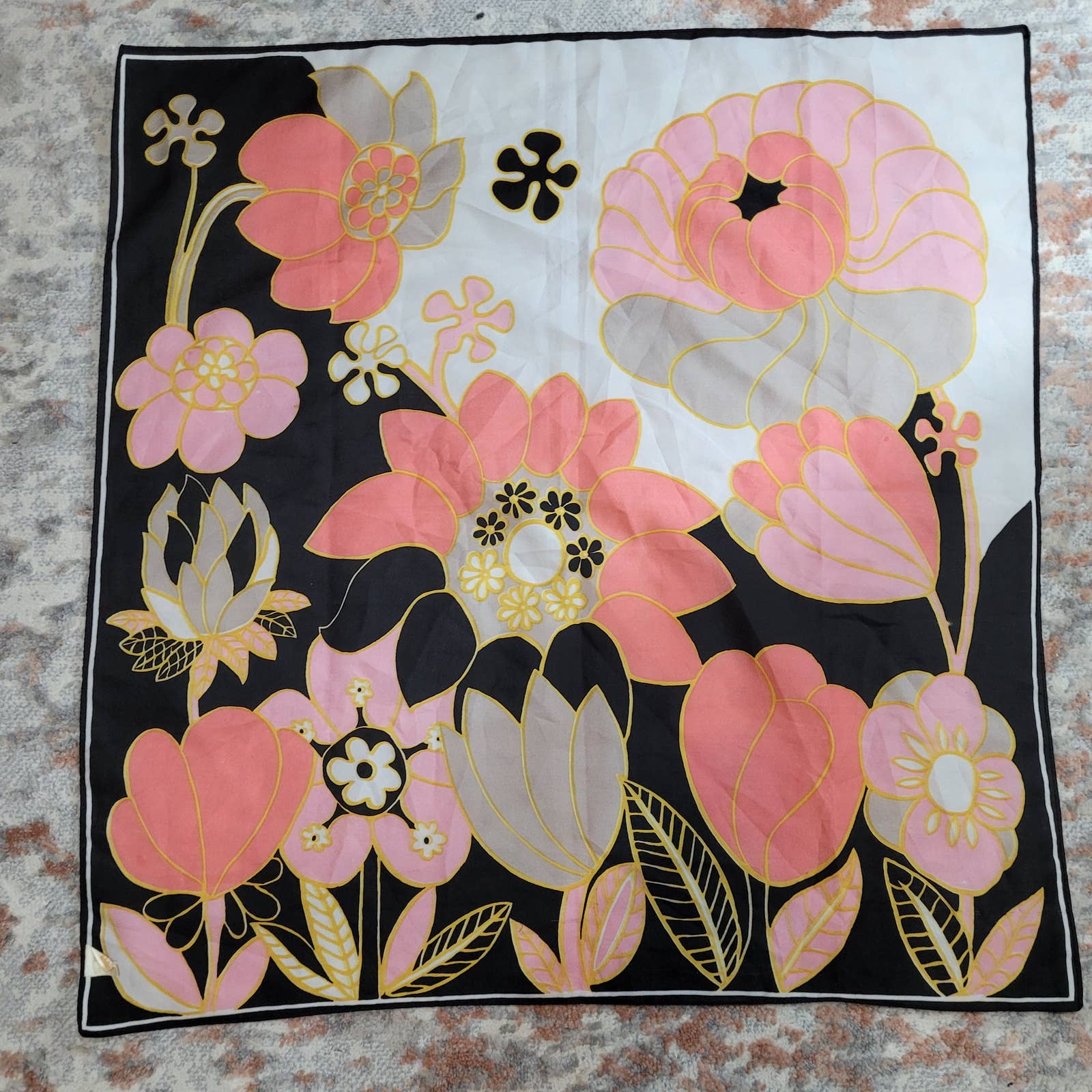 Vintage 1970s Square Scarf with Pink and Black Floral DesignMarkita's ClosetVintage
