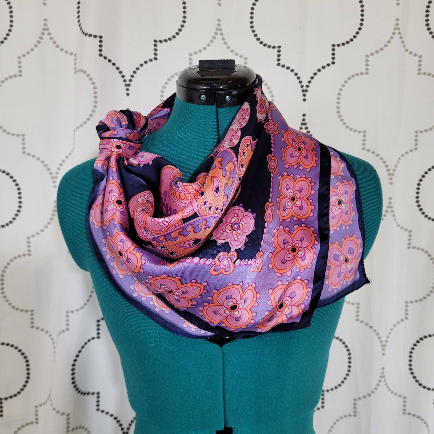 Vintage Rayon Square Scarf with Pink Floral Pattern Circa 1960-1970Markita's ClosetUnbranded